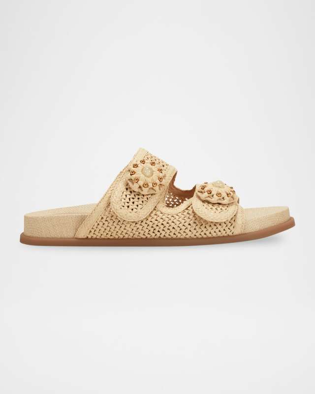 Beaded Woven Dual-Strap Slide Sandals